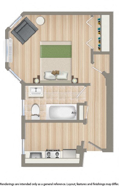 Floor plan for studio, 1 bath, 305 sqft